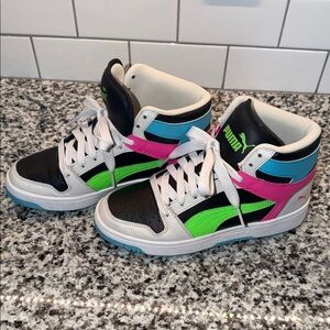 Puma Black White Neon Green Pink & Blue High-Top Sneakers